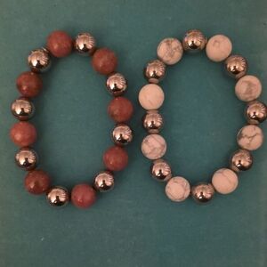 Two Beaded Bracelets One Silver and Red The Other Silver And White Bracelet Set